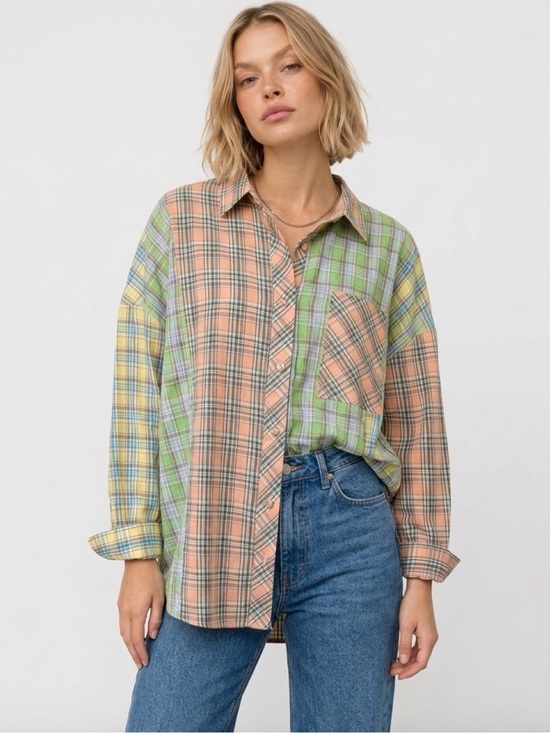 easel Tops - Easel patchwork plaid button up shirt